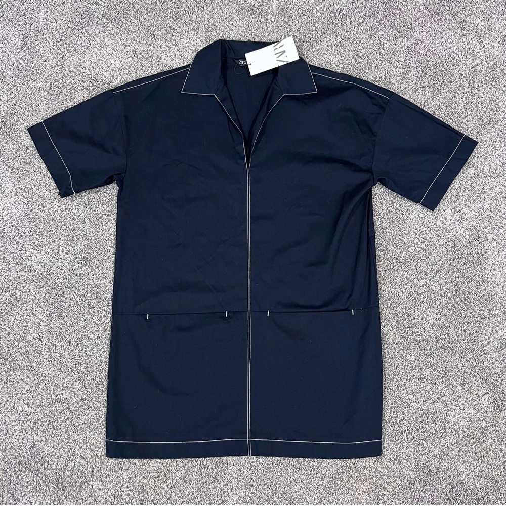 NWT Zara Women’s Black Blue 100% Cotton Front Pockets Shirt Mini Dress Size S